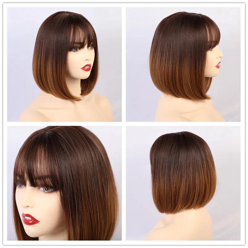 Крошечные LANA короткие прямые Ombre черный коричневый синтетические парики с челкой для женщин боб парик жаростойкий Лолита косплей парик