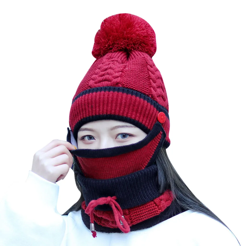 

Fashion Winter Hat&Scarf&Mask Set For Women Girls Warm Beanies Breathe Scarf Pompoms Knitted Caps And Scarf Mask Mascarillas