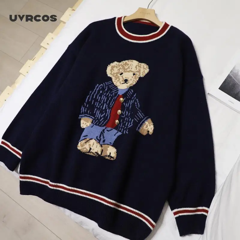 

UVRCOS Oversize Women Sweaters Autumn Winter Knitwear Pullovers Casual Korean Girls Cute Teddy Bear Jaquard Sweater V-neck Knitt