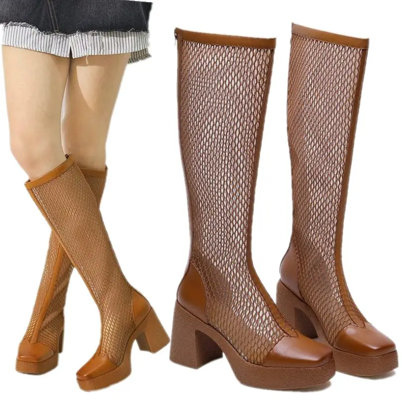 

Party Military Womens Summer Cow Leather Square Toe Knee High Boots Sandals Platform Heel Tall Long Boots 34-43