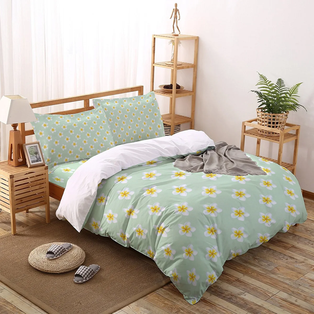 

Plumeria Flower Green Print Comforter Bedding Set Duvet Cover Set Queen King Bed Home Housse De Couette Gift