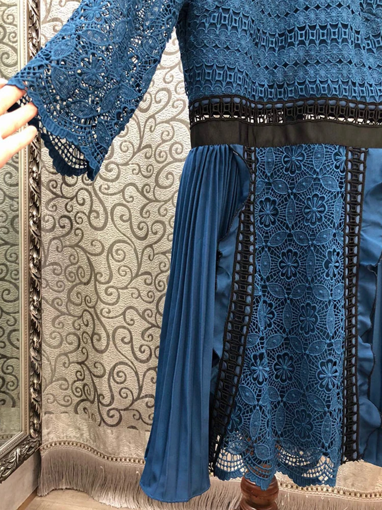 

Free shipping Heavy crafts Contrast color applique Hollow waist waist dress Ladies autumn new personality Pleated tutu skirt