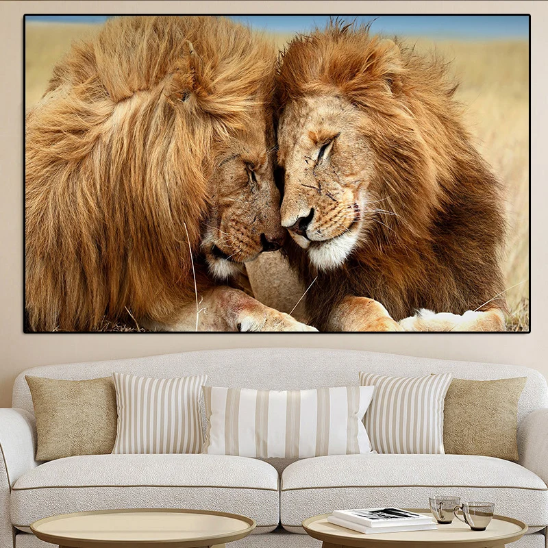 Фото Современная картина маслом на холсте с изображением двух Лев диких животных