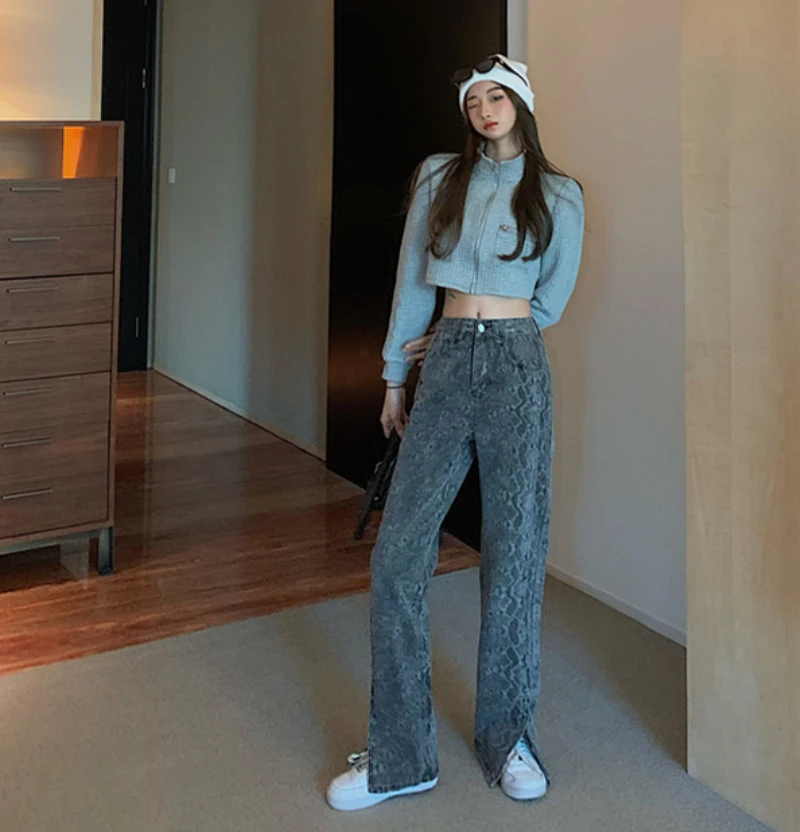 

High Waist Jeans Women's Retro Personalized Serpentine Straight-Leg Pants Spring Loose Wide Leg Pants Split Slimming Mop