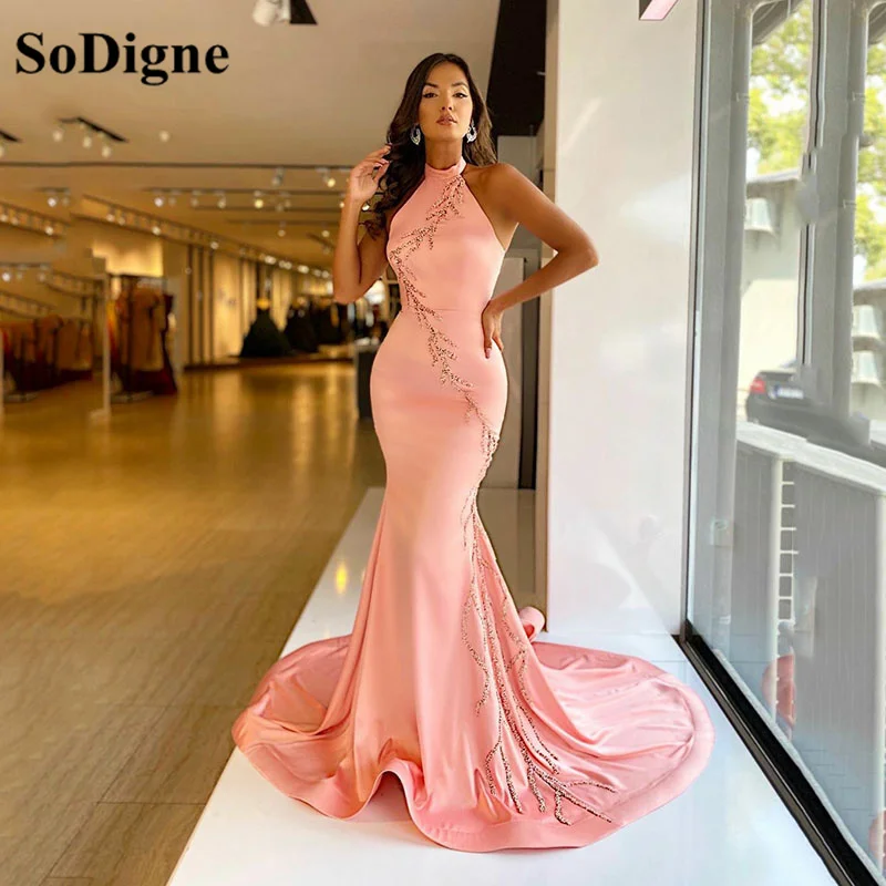 SoDigne Pink Halter Neck Mermaid Evening Gowns Lace Appliques Beads Elastic Satin Prom Dress Formal Women Party Gowns (0)