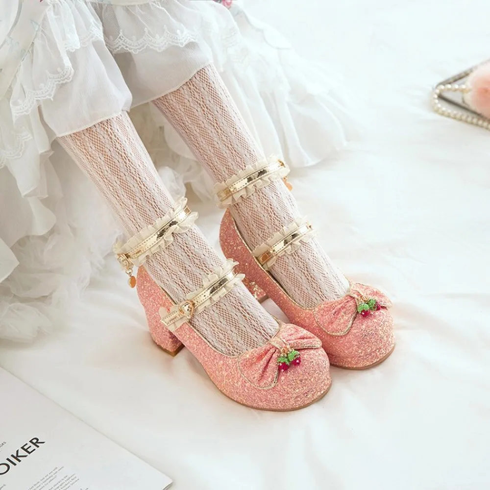 

Hot Sale Womens Mary Jane Bowknot Crystal Sequins Bling Lace Lolita Block High Heel Pumps Shoes Belt Sweet Plus Size 34-48