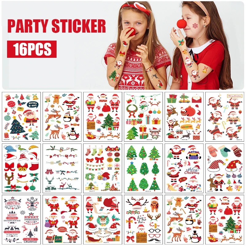 

Newly 16 Sheets Temporary Tattoos Stickers Santa Claus Tattoo Sticker Waterproof Holiday Party Cartoon Stickers for Arm Decor