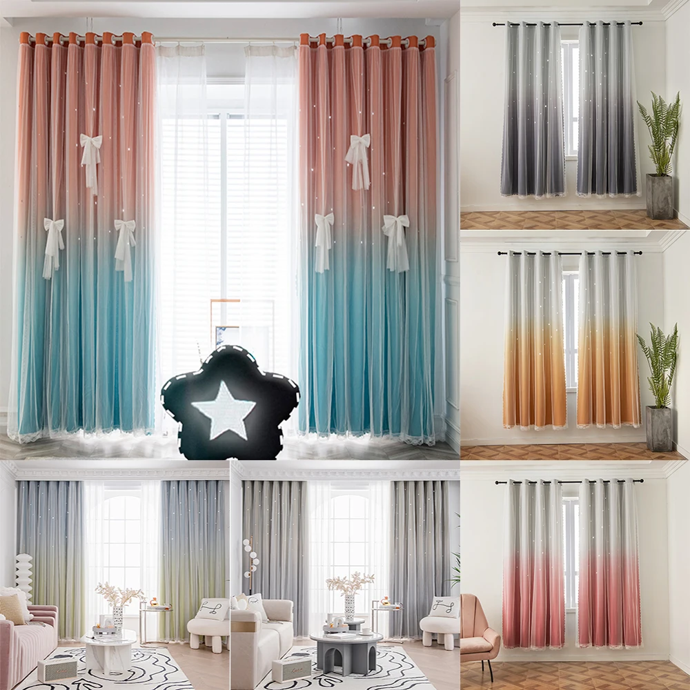 

Kids Girls Bedroom Gradient Blackout Curtain Living Room Double Layer Star Window Tulle Curtains Kitchen Home Hotel Coffee Decor