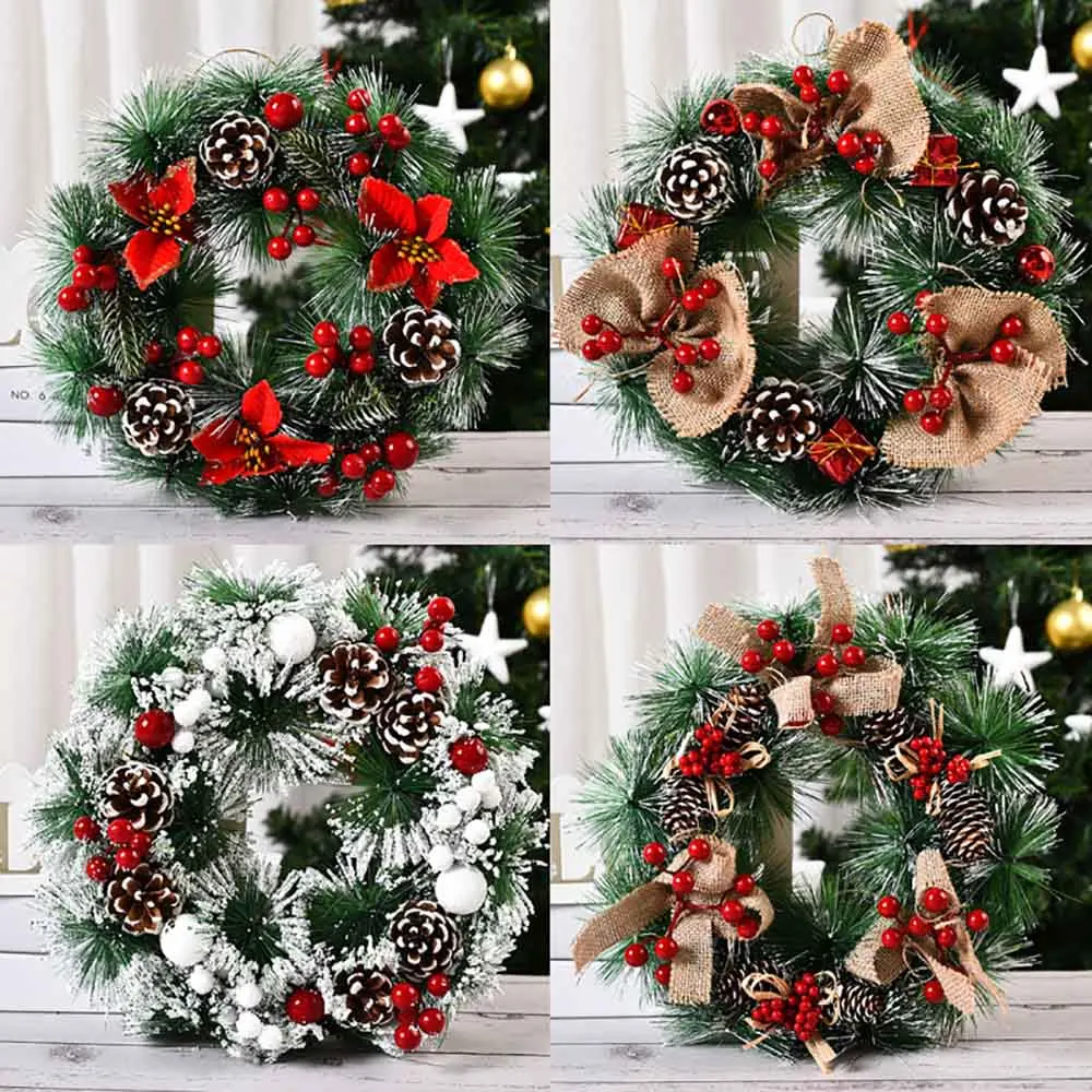 

Merry Christmas Wreath Decoration Handmade Artificial Pinecone Red Berries Garland Front Door Hanging Xmas Decoration 2021