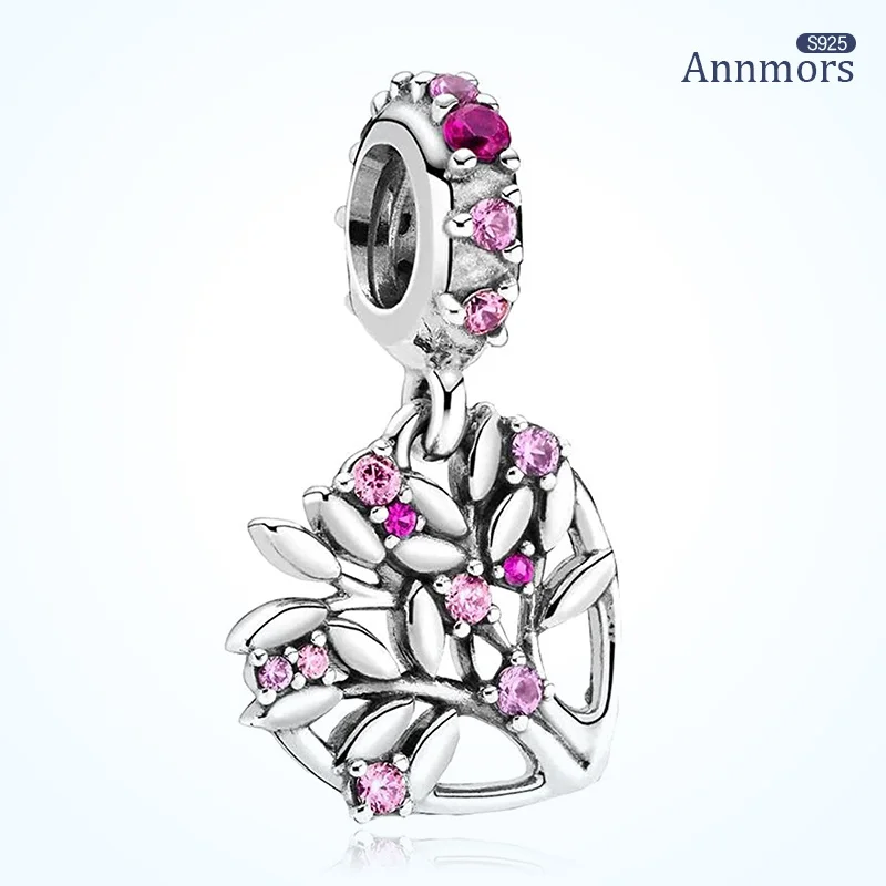 

Family Tree of Life Pendant 925 Silver Heart-shaped Silver Zircon Fits Original Bracelet Love Charm Pink Zircon