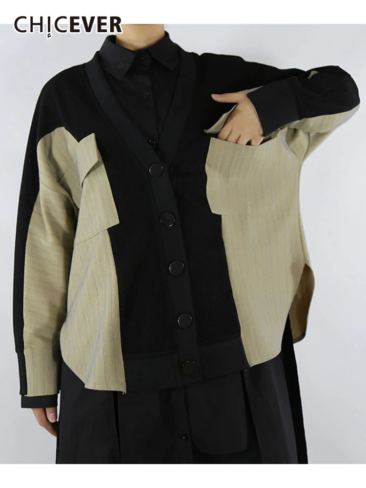 CHICEVER Colorblock, лоскутные Блузы с карманами для женщин, свободные однобортные рубашки с длинным рукавом, женские весенние Стильные Рубашки 2022