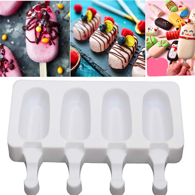 

4 Hole Silicone Ice Cream Forms Popsicle Molds DIY Homemade Dessert Freezer Fruit Juice Ice Pop Cube Maker Mould With Sticks