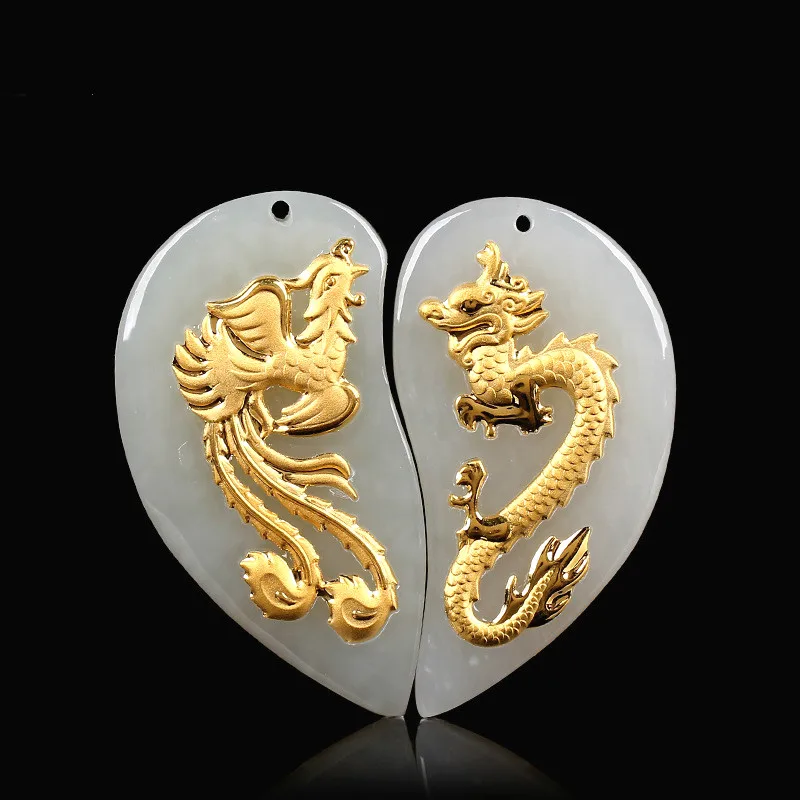 Натуральная Китайская мозаика из белого нефрита Hetian золотой дракон кулон Феникс