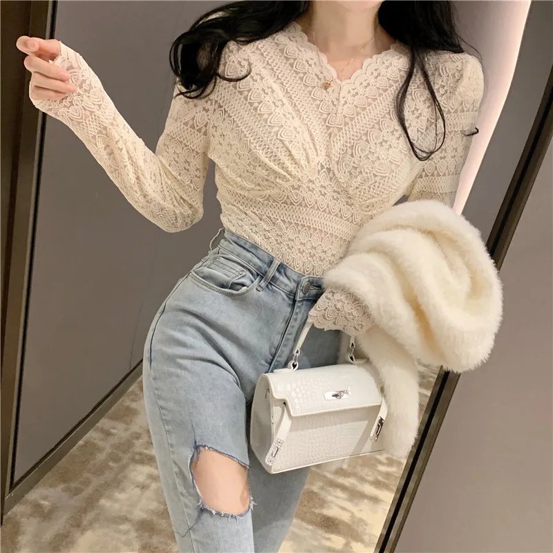 Белый кружевной топ с длинным рукавом Женская Сексуальная Ажурная блузка