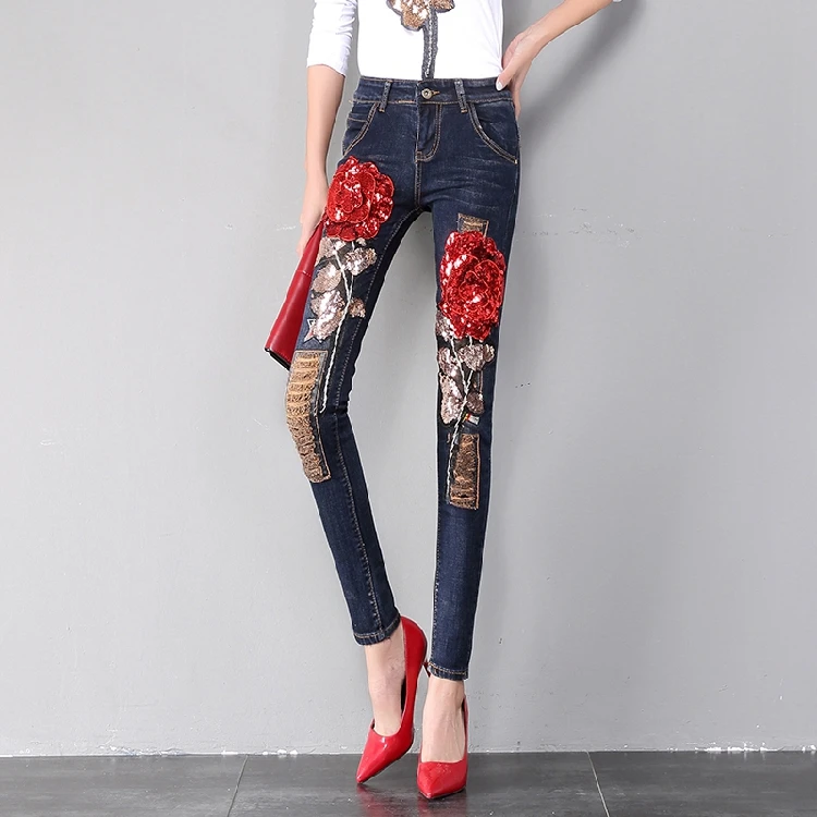 Джинсы женские осенне-зимние облегающие брюки с красными розовыми блестками и