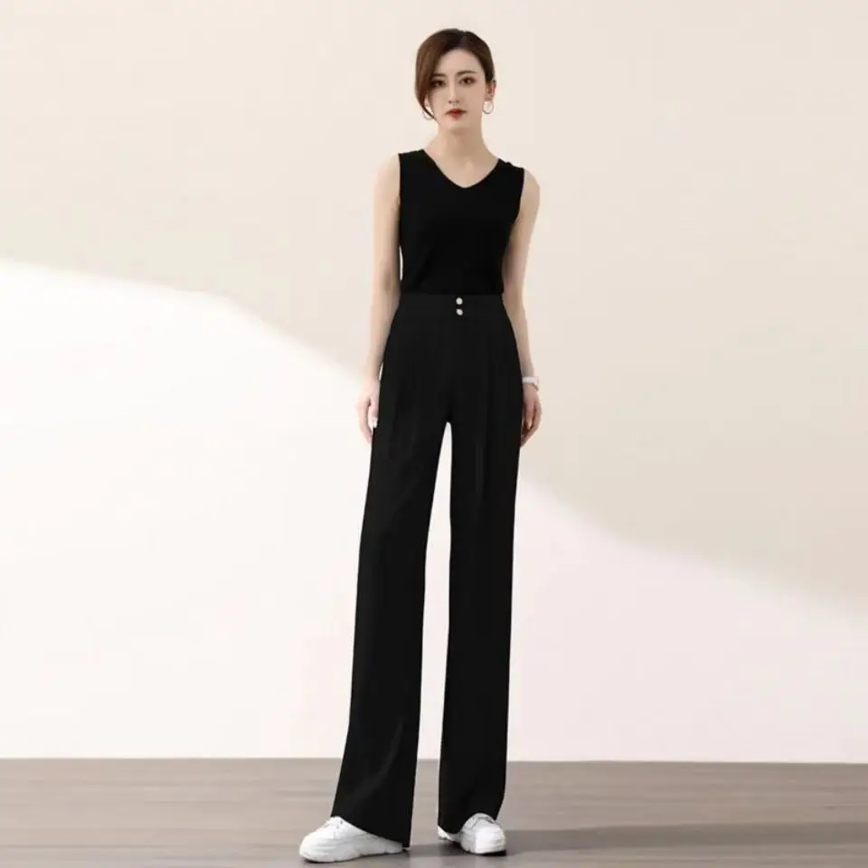 

Wide leg pants women's high waist double breasted 2021 summer new drooping feeling thin style floor dragging leisure straight