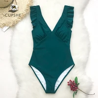 cupshe green teal plunging solid one piece swimsuit women ruffle ruched monokini 2021 girl beach bathing suits