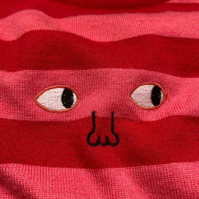 Женский джемпер в полоску розовый трикотажный пуловер стиле хип-хоп с вышивкой