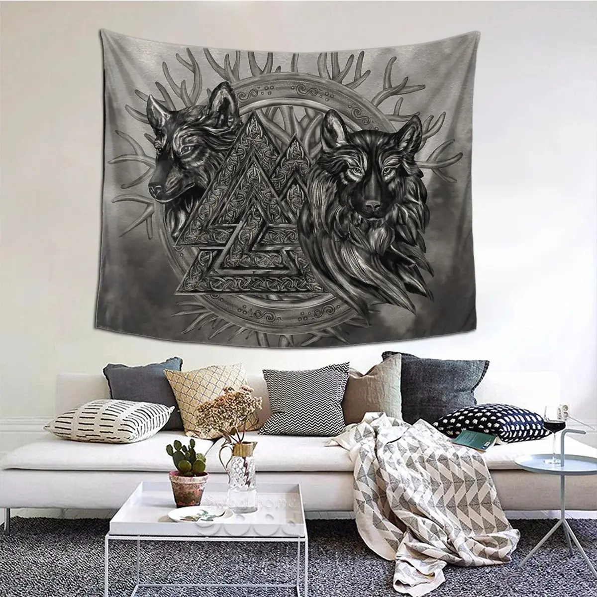 

Valknut Symbol And Wolves Viking Tapestry Hippie Polyester Wall Hanging Vikings Valhalla Room Decor Retro Wall Covering