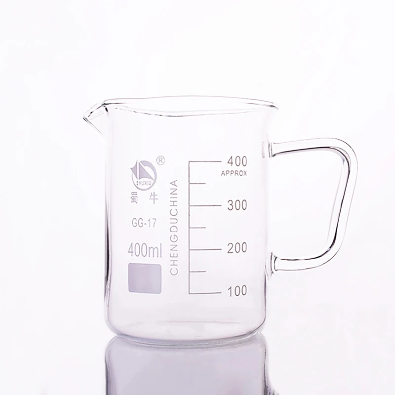 With handle beaker in low form,Capacity 400ml,Outer diameter=82mm,Height=112mm,Laboratory beaker with handle