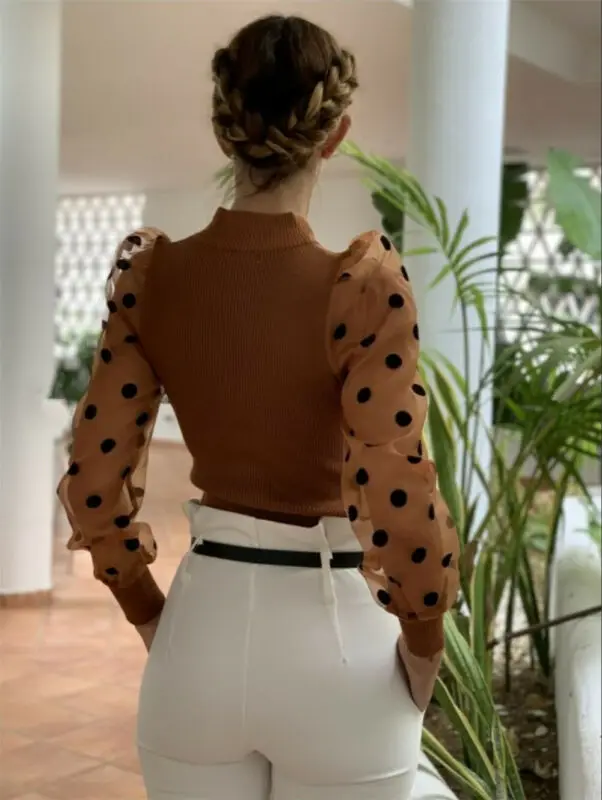 Women Ladies Summer Mesh Puff Long Sleeve Shirt Loose Casual Blouse Tops Elegant Turtleneck Dot Party Clubwear Soft Clothes | Женская