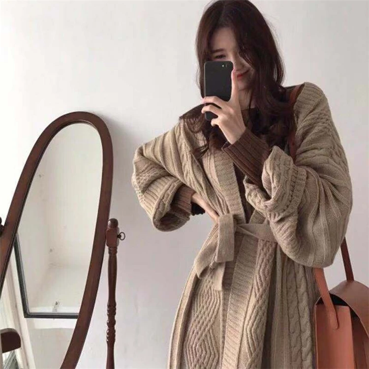 

2020 New Winter Knitted Women Sweater Long Cardigans Korean Style Lace Up Elegant Loose Korean Thick Women's Coat Cardigan