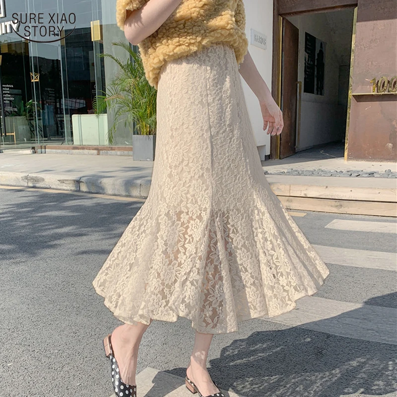 

Sweet Hollow Out Dress Elegant High Waist Lace White Trumpet Skirt Spring Slim Skirt Women Korean Solid Elastic Sexy Skirt 18386