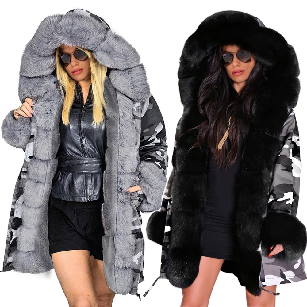 

Hooded Camouflage Coat Women Autumn Winter 2021 Fashion New Slim Fit Warm Camouflage Coat Long Wool Collar Hooded Coat