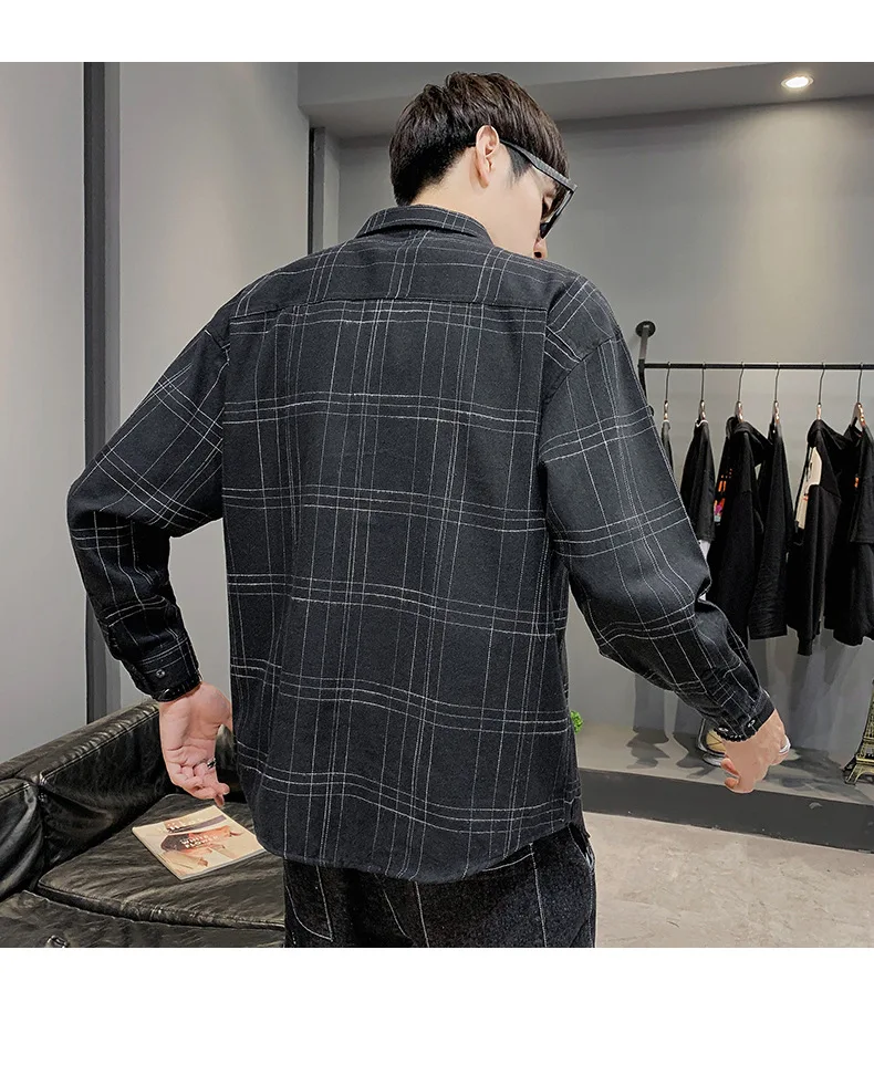

Top Selling Product In 2020 Spring Autumn Men's Plaid Shirt New Loose Shirt Lapel Hong Kong Style Men's Clothing Cardigan