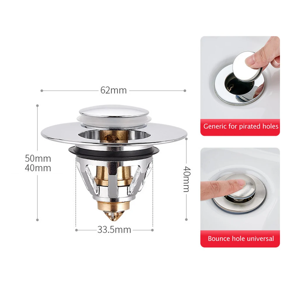 

Stainless Steel Bounce Core Push-type Drain Filter Universal Wash Basin Push-type Hair Catcher Sink Bathtub Plug Trap