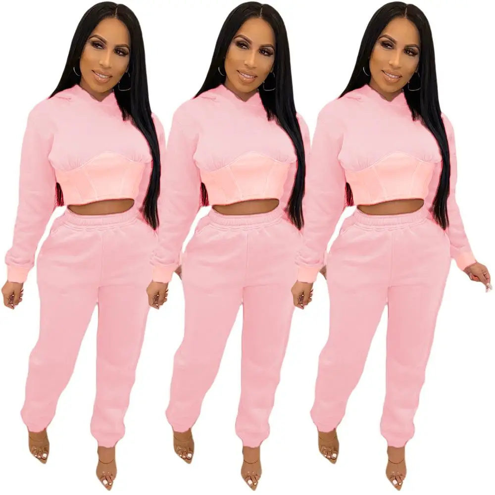 

2 Piece Women Pink Clothing Sweat Suit Set Matching Legging Sets Long Sleeve Pullover Sweatshirt Top + Joggers Pants Trousers