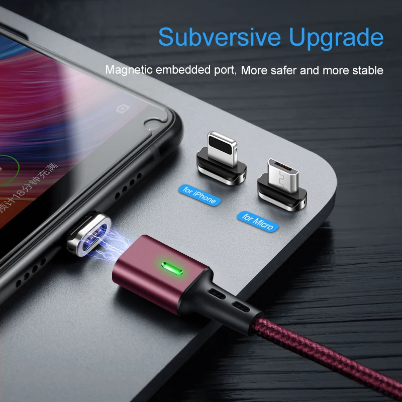 Elough 3 in 1 magnetic charge for iphone xs max xr x 8 7 plus 6 5 6s cable type c micro usb cable phone led magnet charger wire