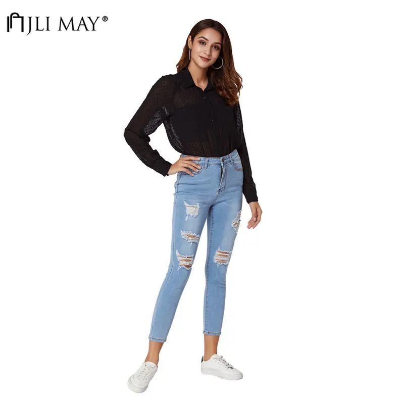 

JLI MAY Vintage Jeans Womens Skinny Casual Light Washed Zipper Fly Mid Waisted Slim Ripped Women Jean Pencil Ankle-Length Pants