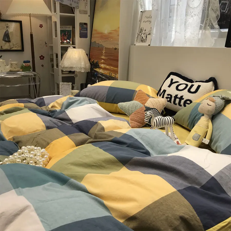 

Комплект постельного белья в современную клетку с геометрическим рисунком, клетчатая хлопковая двухспальная двуспальная домашняя текстильная простыня, наволочка, пододеяльник