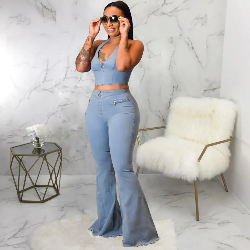 Women Two Piece Pants Set Streetwear Halter Neck Crop Top Flare Jeans Denim Suit Tracksuit Outfits |