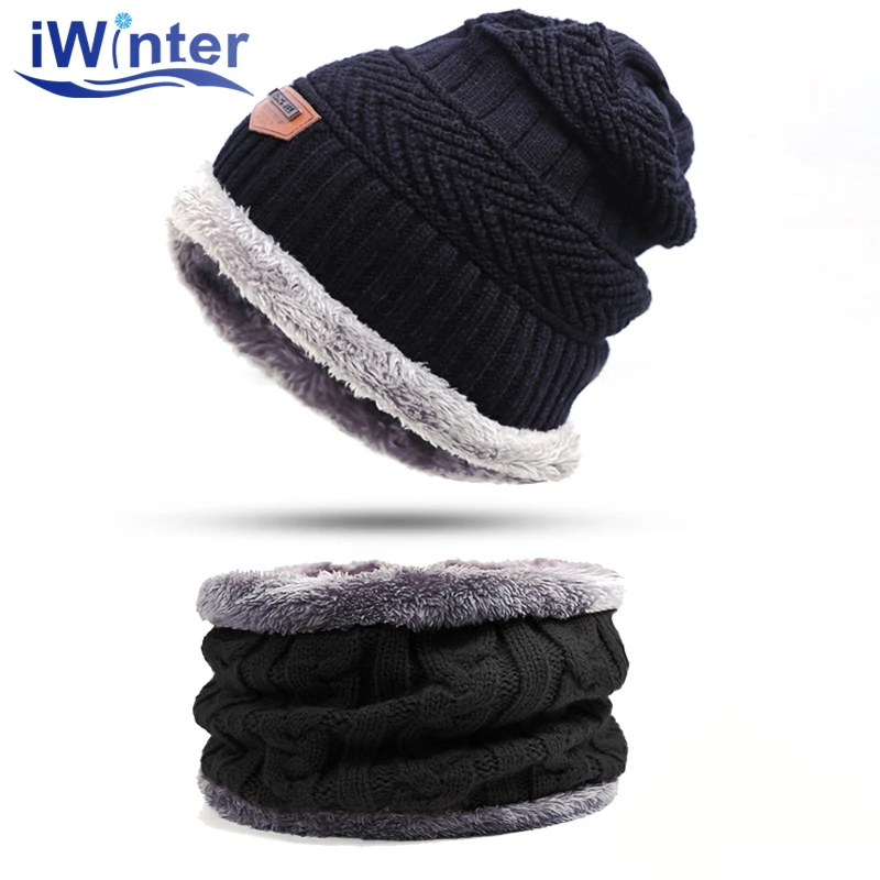 IWINTER, модная мужская теплая зимняя шапка, шарф, Мягкая вязаная шапка, шарф, набор, Skullies Beanies, Зимняя женская шапка, унисекс, вязаные шапки