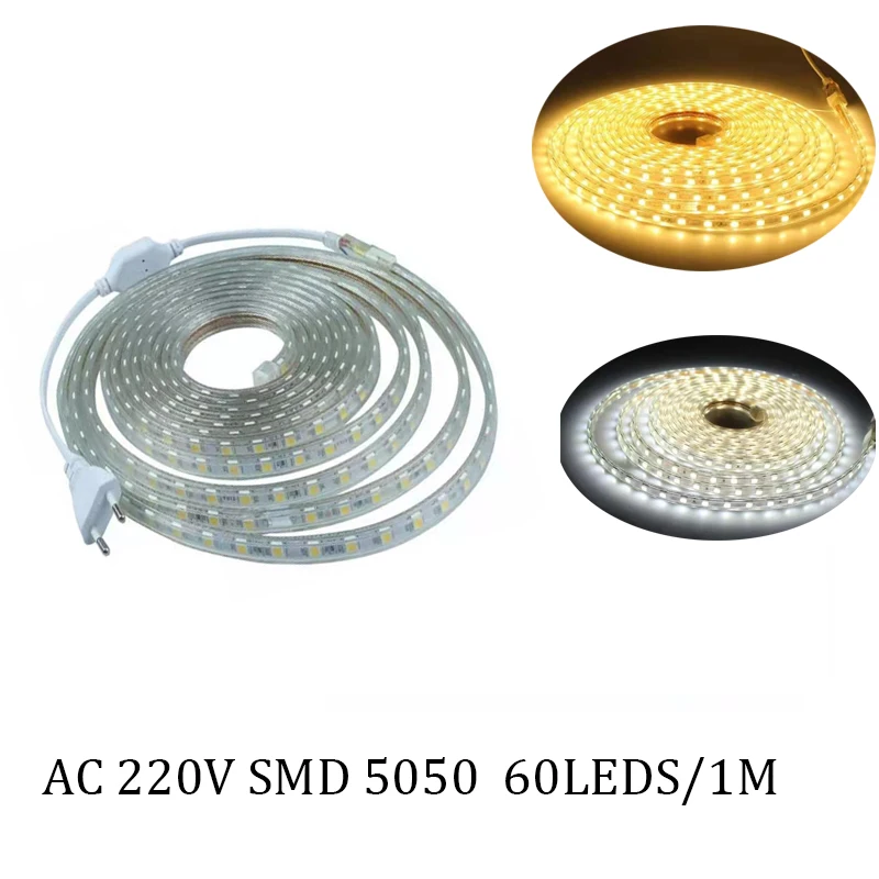 

1M/2M/5M/8M/10M/15M/20M/50M/100M AC220V SMD 5050 Waterproof LED Strip Flexible Tape 1M/60LEDs Light With Power Plug Room decor