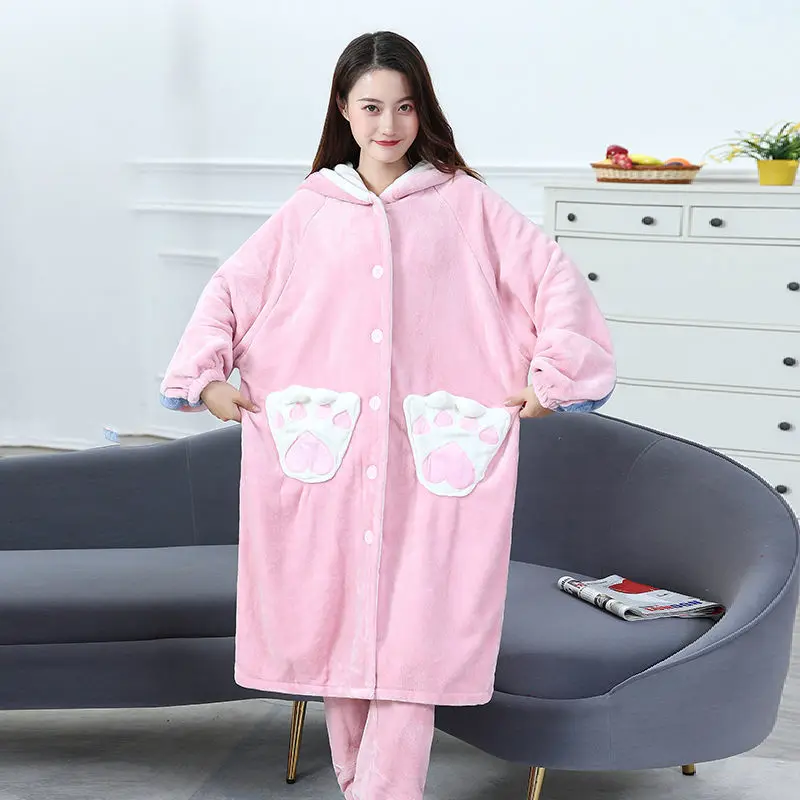 Pajamas Women's Autumn and Winter Thickened Coral Velvet Robe Long Two-piece Suit Can Be Worn Outside Facecloth Home Wear Winter
