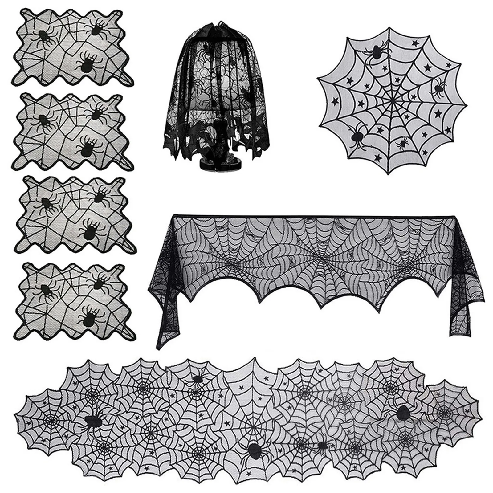 

Decorative Halloween Lace Spiderweb Table Runner Dish Fork Knife Placemat Lampshade Scarf Shawl Kit Halloween Cosplay Accessory
