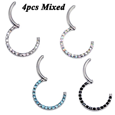 4PCS Mix Color 4 шт. 361L хирургическая сталь кристалл шарнирный сегмент пирсинг для носовой перегородки нос кольцо ниппель кликер шпилька для уха серьги для губ пирсинг - Окраска металла: 4PCS Mix Color