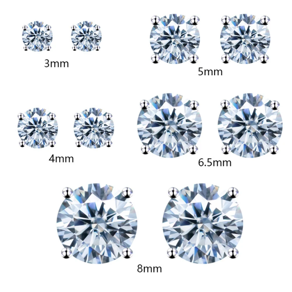 3-8.0MM Moissanite S925 Classic Earrings Silver Iced Out Real Diamond Ear Studs For Women Men High-End Jewelry Pass Tester