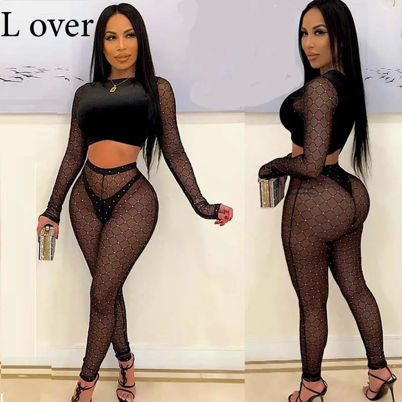 

Mesh Fleece Fabric Patchwork Two Piece Set Bodysuits Women See Through Side Slit Asymmetrical Sexy Street Party Club Overalls