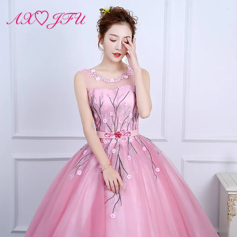 

AXJFU luxury princess pink lace bride evening dress vintage o neck beading sleeveless flower illusion ball gown evening dress