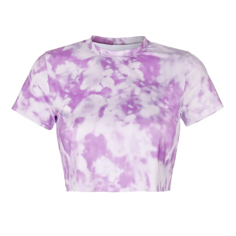

2021 Slim Ladies T-Shirt Halter Sports Tie-Dye Round Neck Short-Sleeved Cropped Fashion Summer Leisure Stitching Crop Top Women