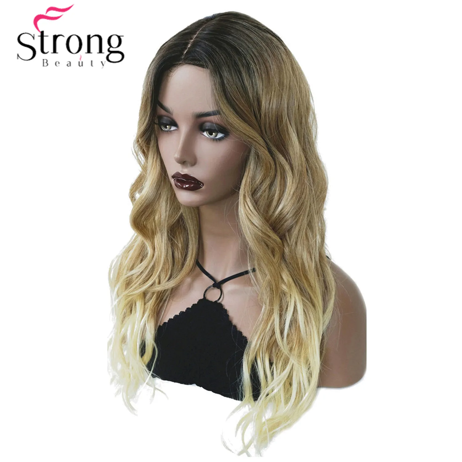 StrongBeauty Women's Ombre Wigs Synthetic Natural Long Wavy Brown/Blonde Highlights Wig Hair