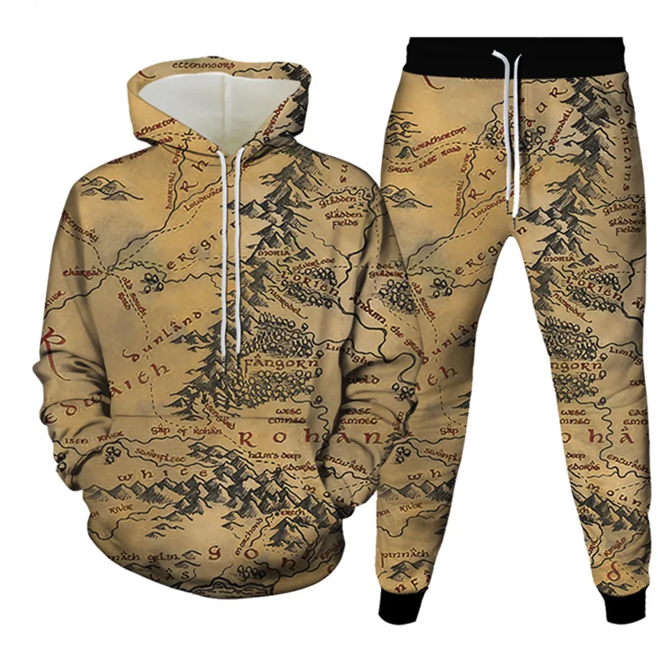 

Women Sweat Suit Fall Tracksuits Sets Sporty Casual Two Piece Vintage Map Sportwear Hoody Sweatshirt Top+Sweatpants Men Clothing