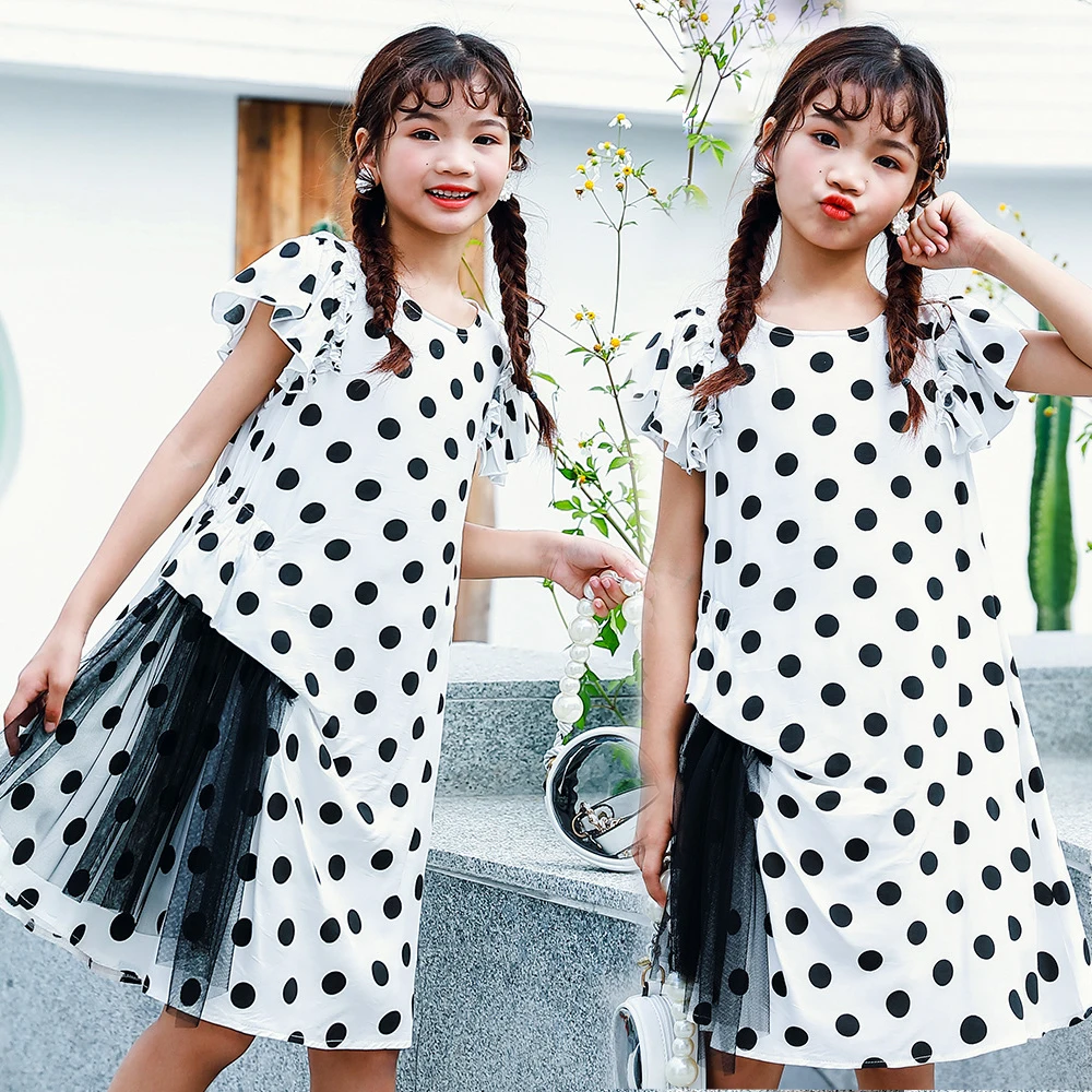 

2021 Summer New Girls Dress Stitching Mesh Princess Dress for Kids Clothes Dot Ruffle Dresses Childrens Costumes 6 8 10 12 13 Y