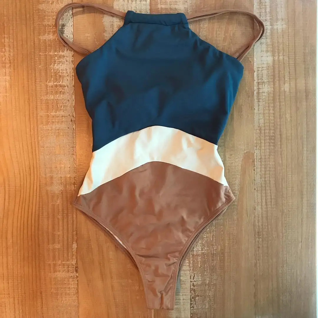 

Patchwork One Piece Swimsuit Swimwear High Neck Bodysuit Bathing Suit Women Piece Swimwear Beach Wear Bathing Suit Women