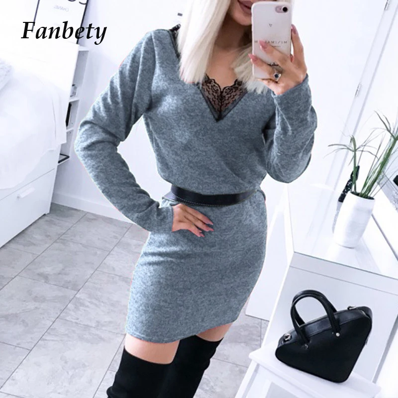Fanbety осеннее платье с длинными рукавами кружевное обтягивающее Для женщин