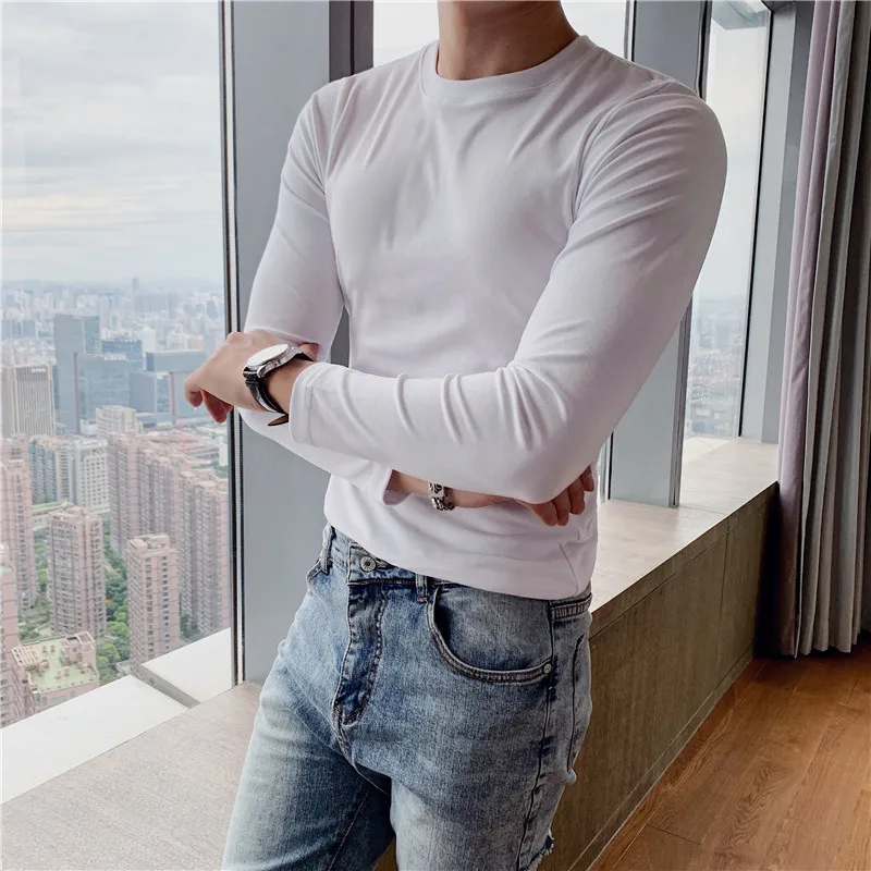 

Spring Autumn Korean Tight-Fitting Design Body Shaping Daily Casual O- Neck Long Sleeved Cotton T Shirts Black White Gray
